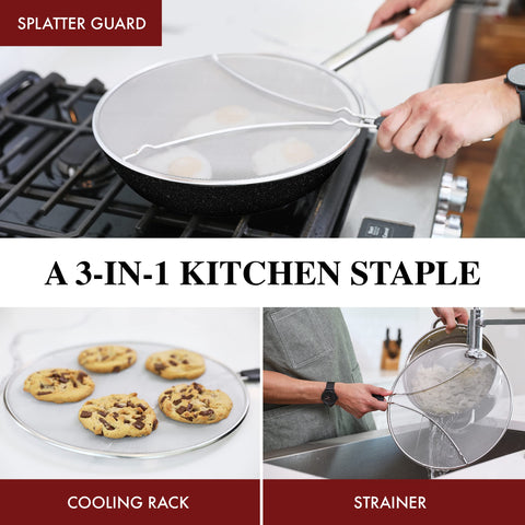 BergKoch splatter screen with steam release during cooking