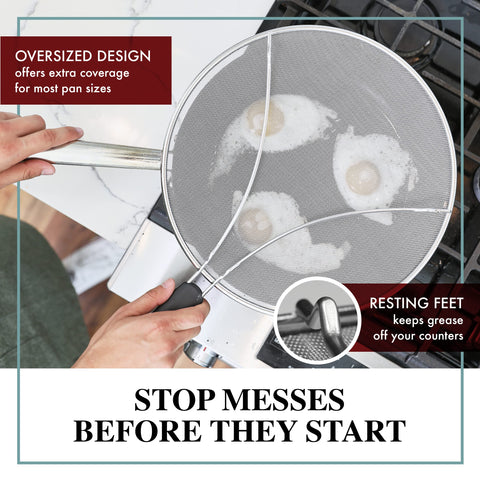 BergKoch splatter screen on various cookware illustrating universal fit
