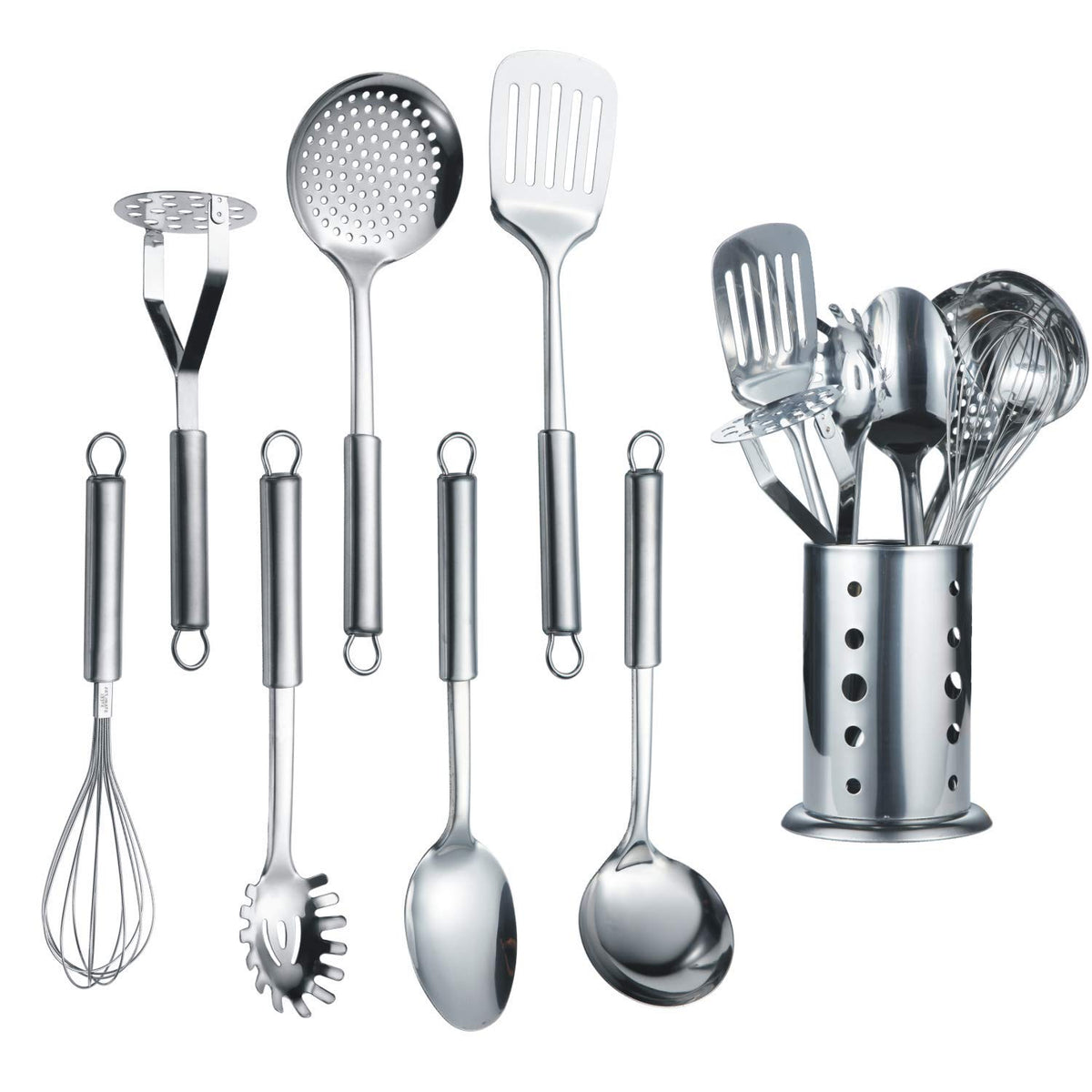Berglander 8-piece utensil set on stand in mirror finish for easy kitchen display