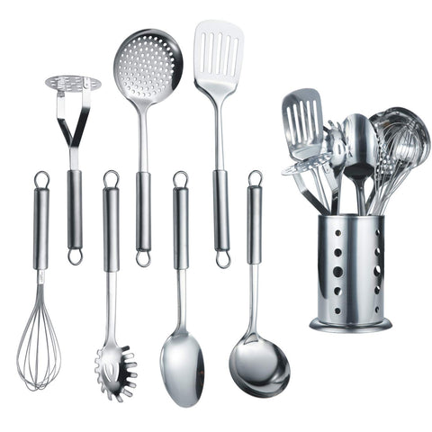 Berglander 8-piece utensil set on stand in mirror finish for easy kitchen display