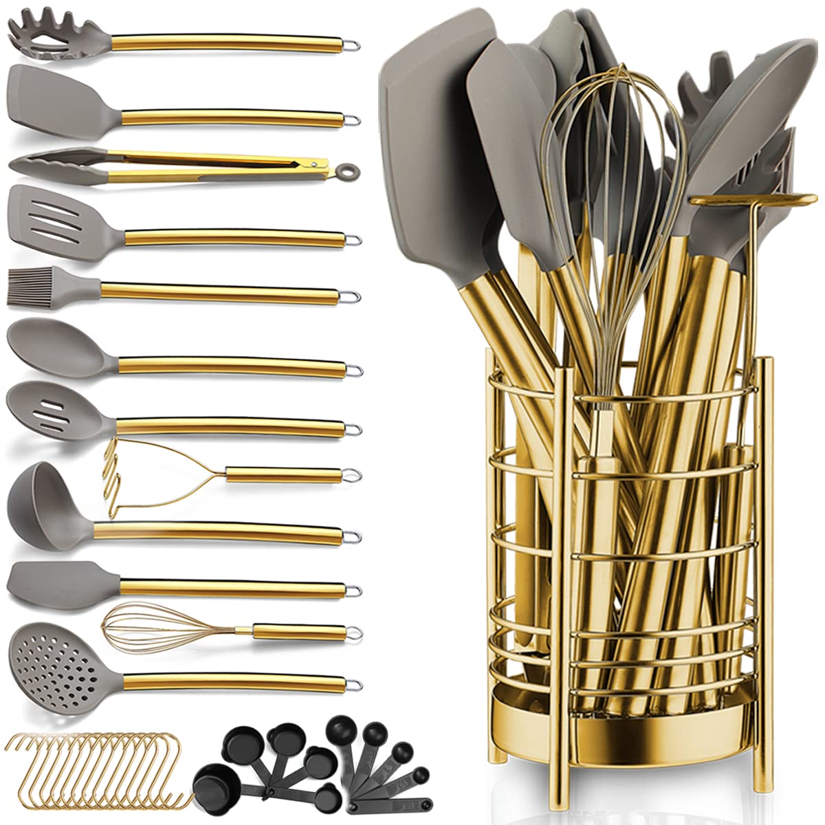 Berglander Gold Utensils Set with holder for easy storage and stylish kitchen look.