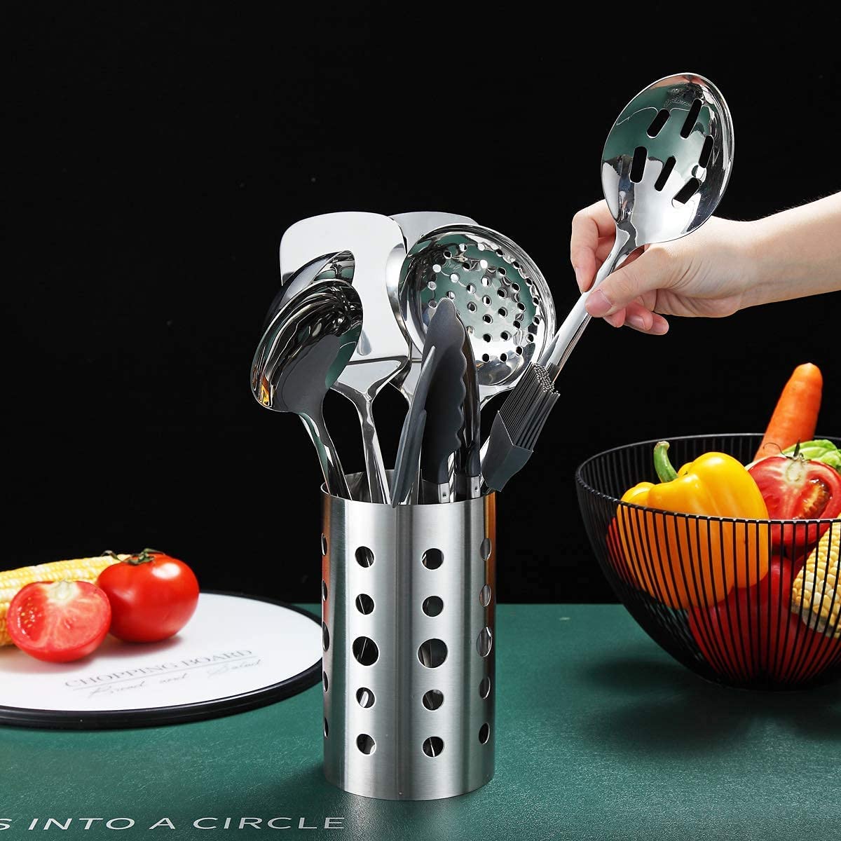 Berglander pasta server and slotted spoon ready for weeknight pasta.