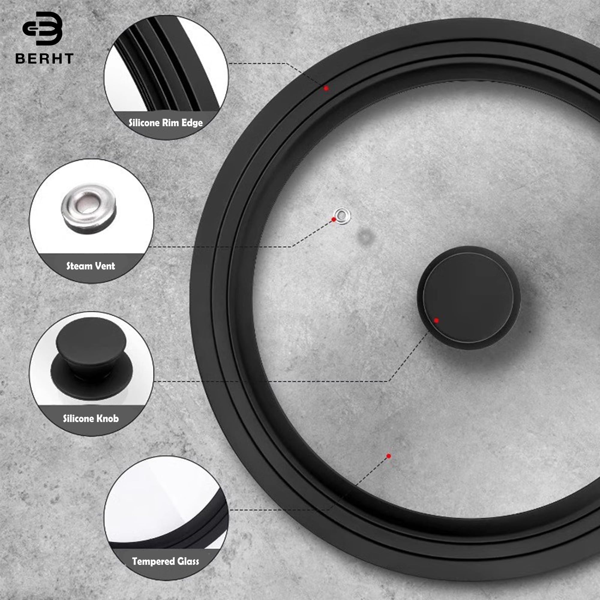 BERHT universal lid covering a pot highlights 9.5-inch versatility for diverse cookware.