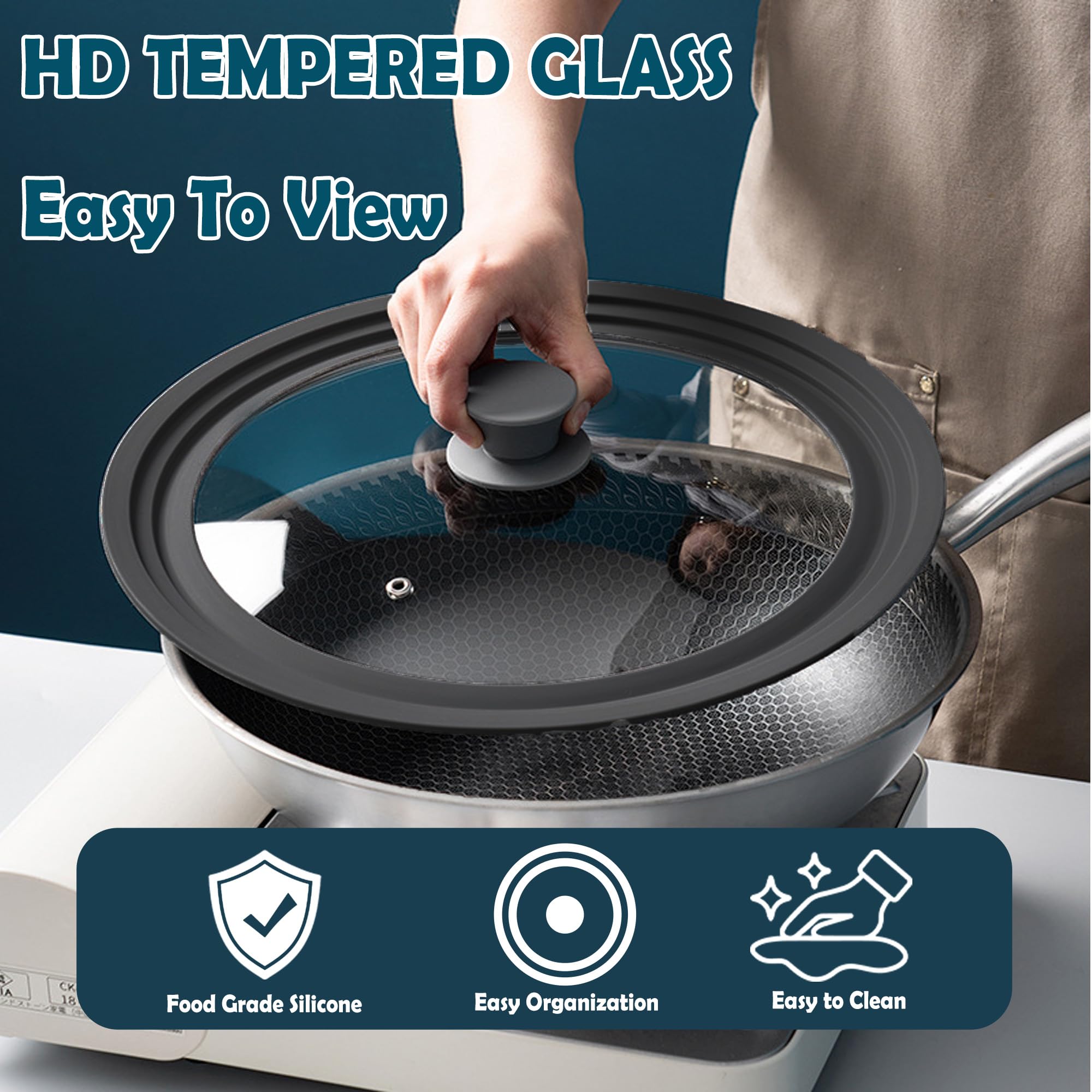 BERHT universal lid with glass lid and steam vent demonstrates visible cooking progress.