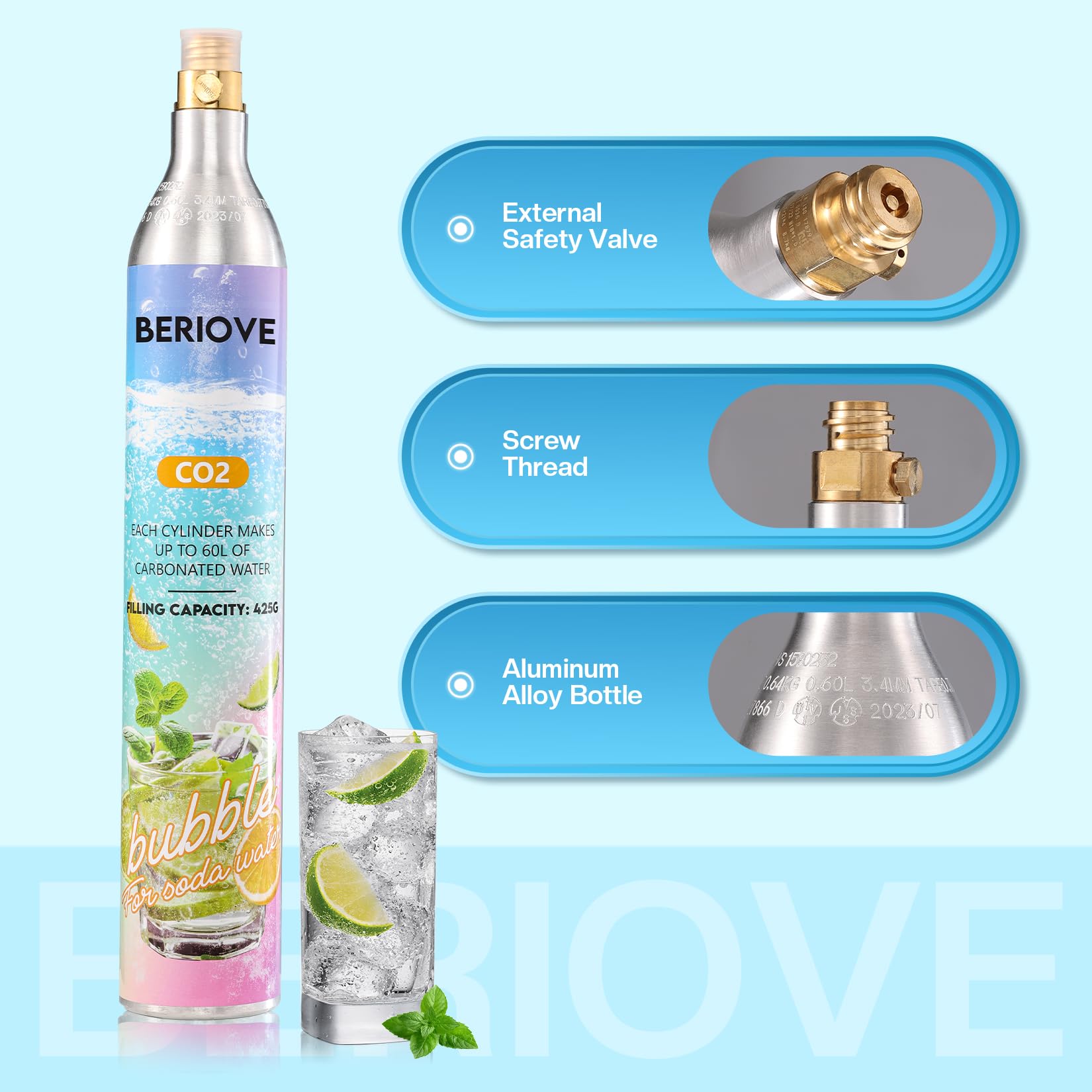 BERIOVE CO2 cylinder creates bold bubbles for refreshing drinks
