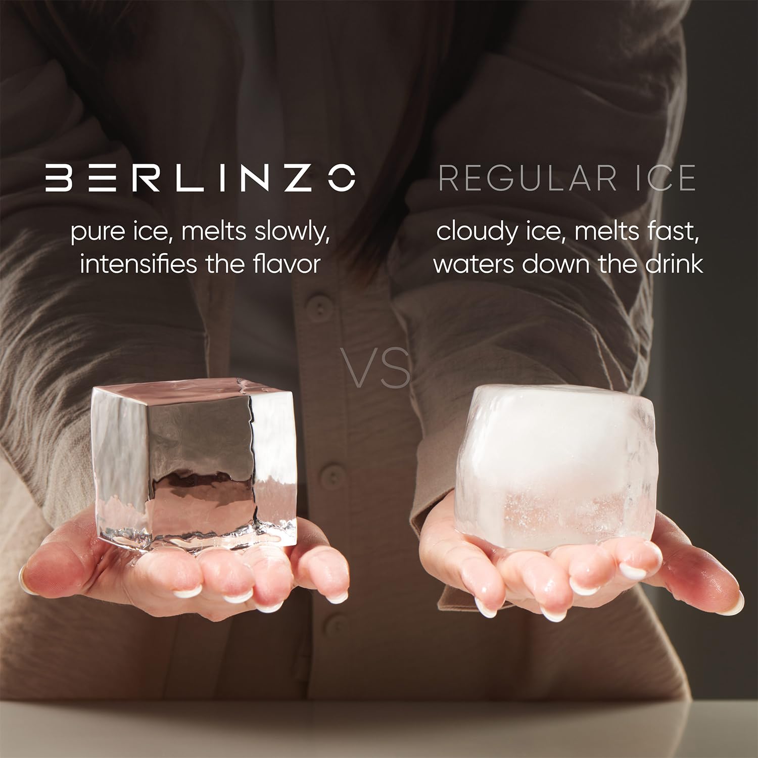 BERLINZO extra-large 2.1-inch ice cubes deliver crystal clarity and slow melt.