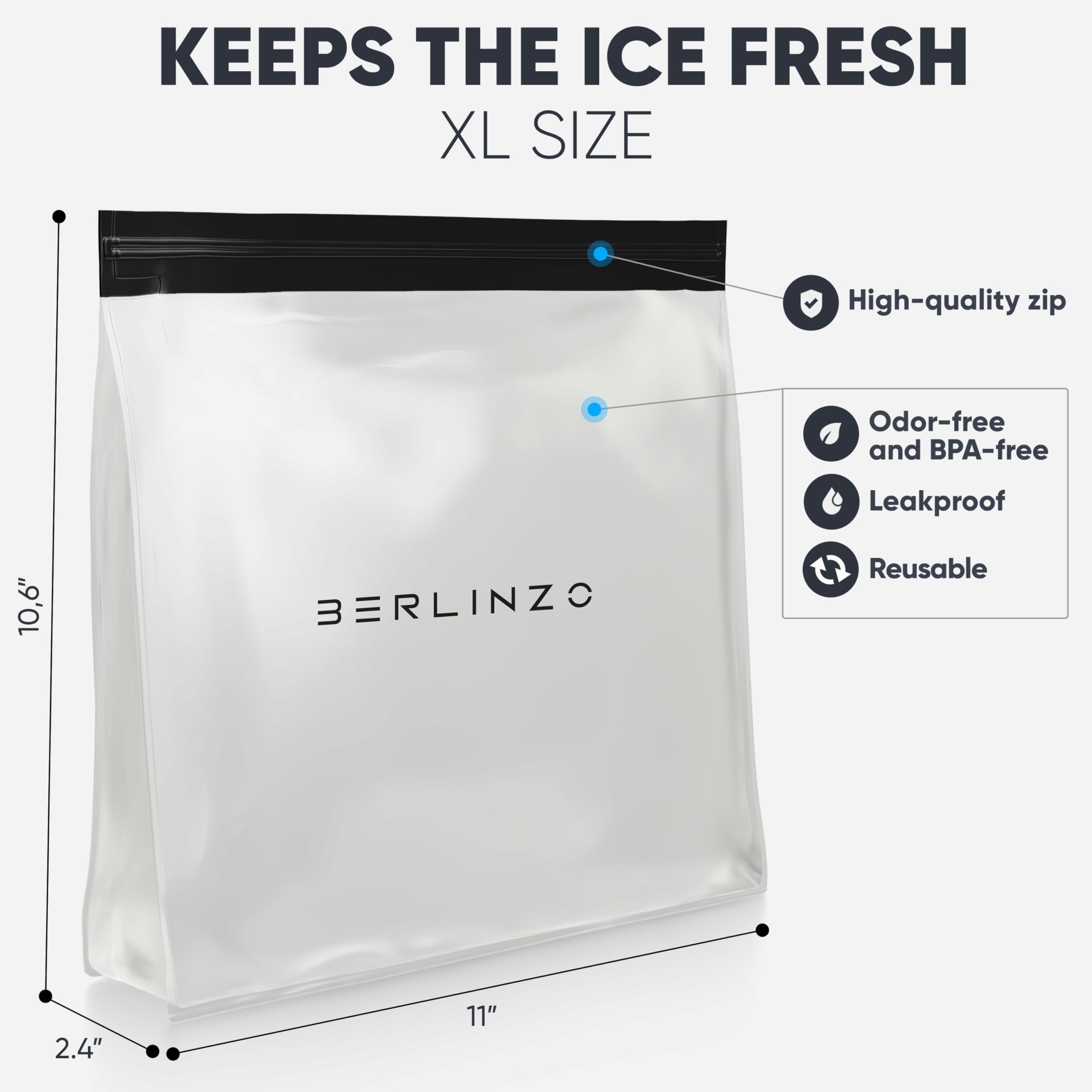 BERLINZO large ice storage bag freezer-visible-contents shows clear contents for quick portioning.