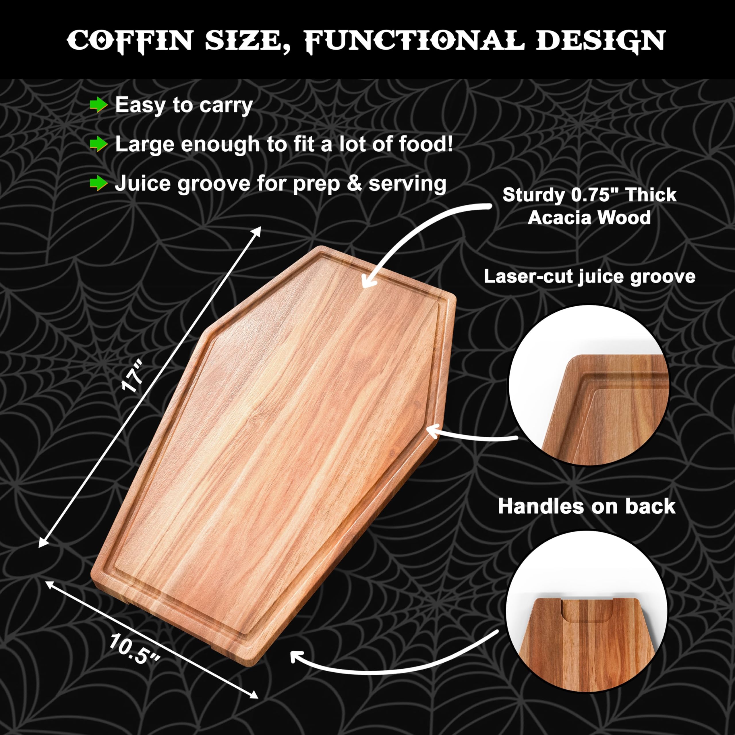 Berry Good Lunch coffin charcuterie board side handles simplify carrying.