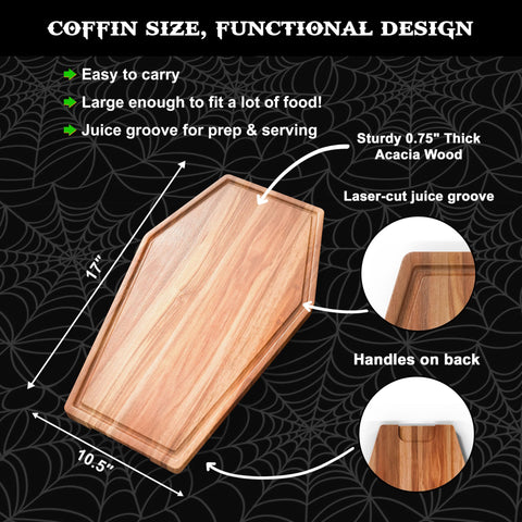 Berry Good Lunch coffin charcuterie board side handles simplify carrying.