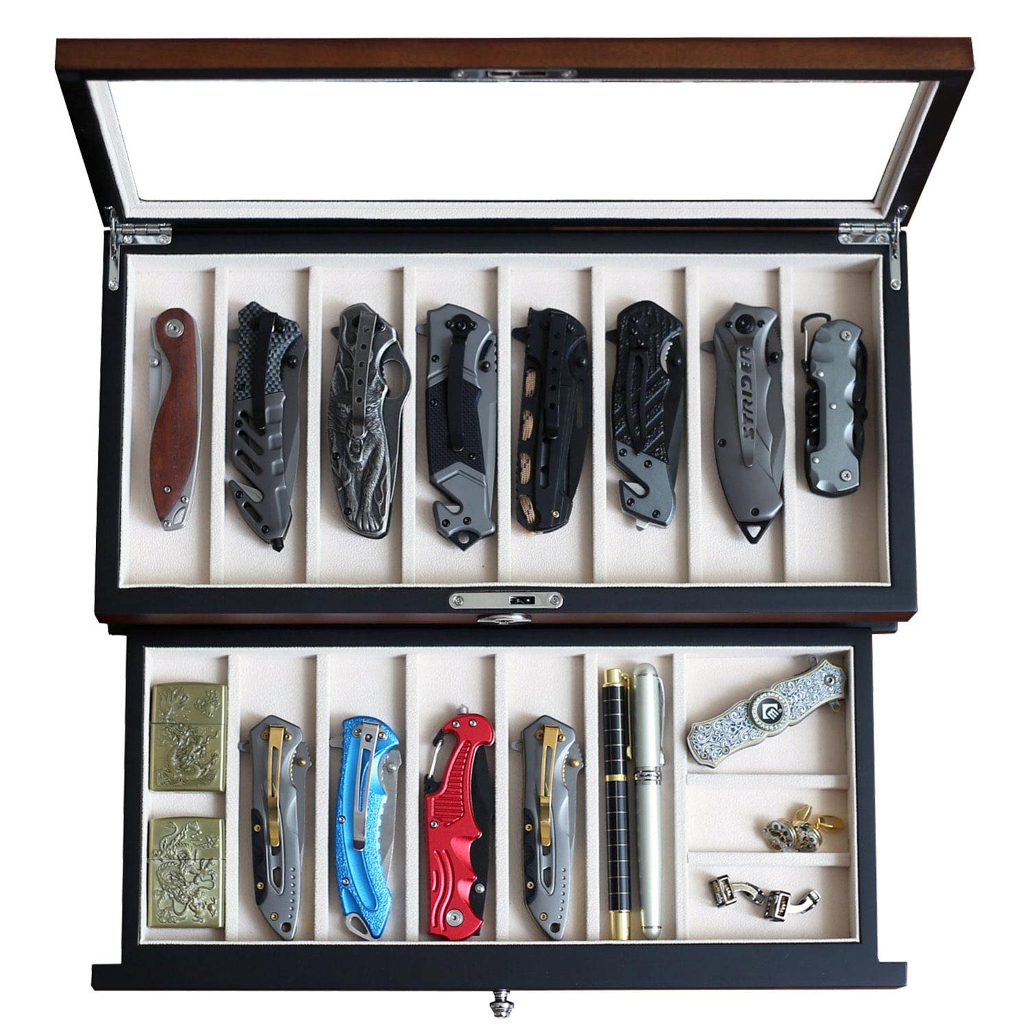 Besforu pocket knife display case front view shows sturdy display