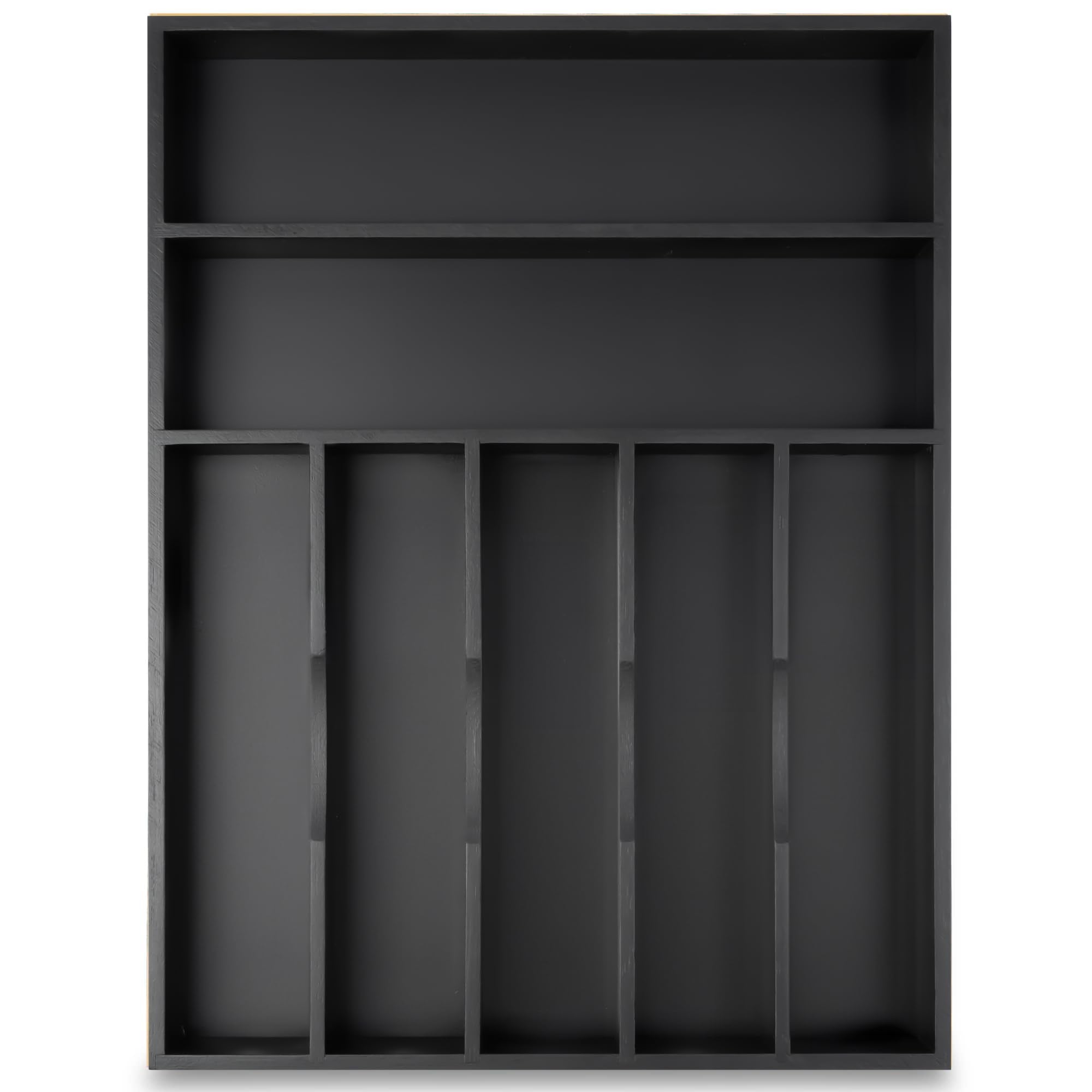 Besilord silverware organizer in a black 7-slot drawer keeps utensils neatly organized.