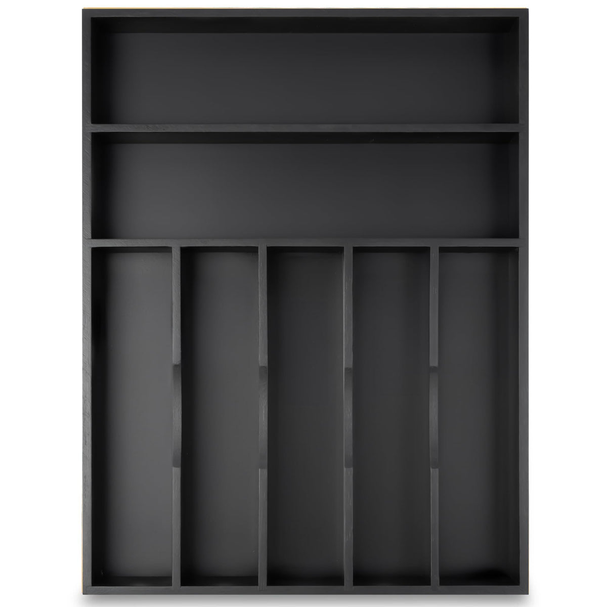 Besilord silverware organizer in a black 7-slot drawer keeps utensils neatly organized.