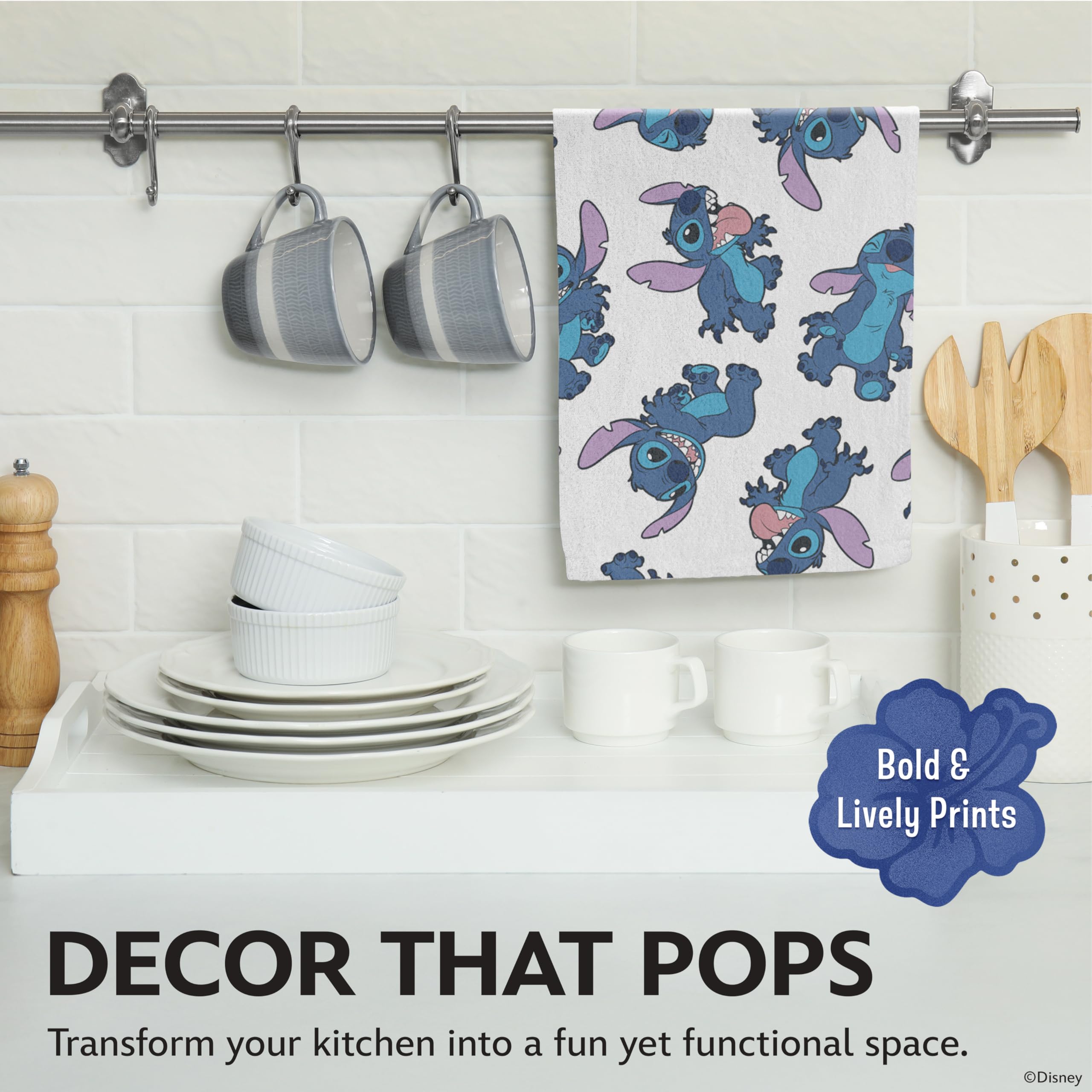 Disney towels drying dishes and wiping counters in a busy kitchen