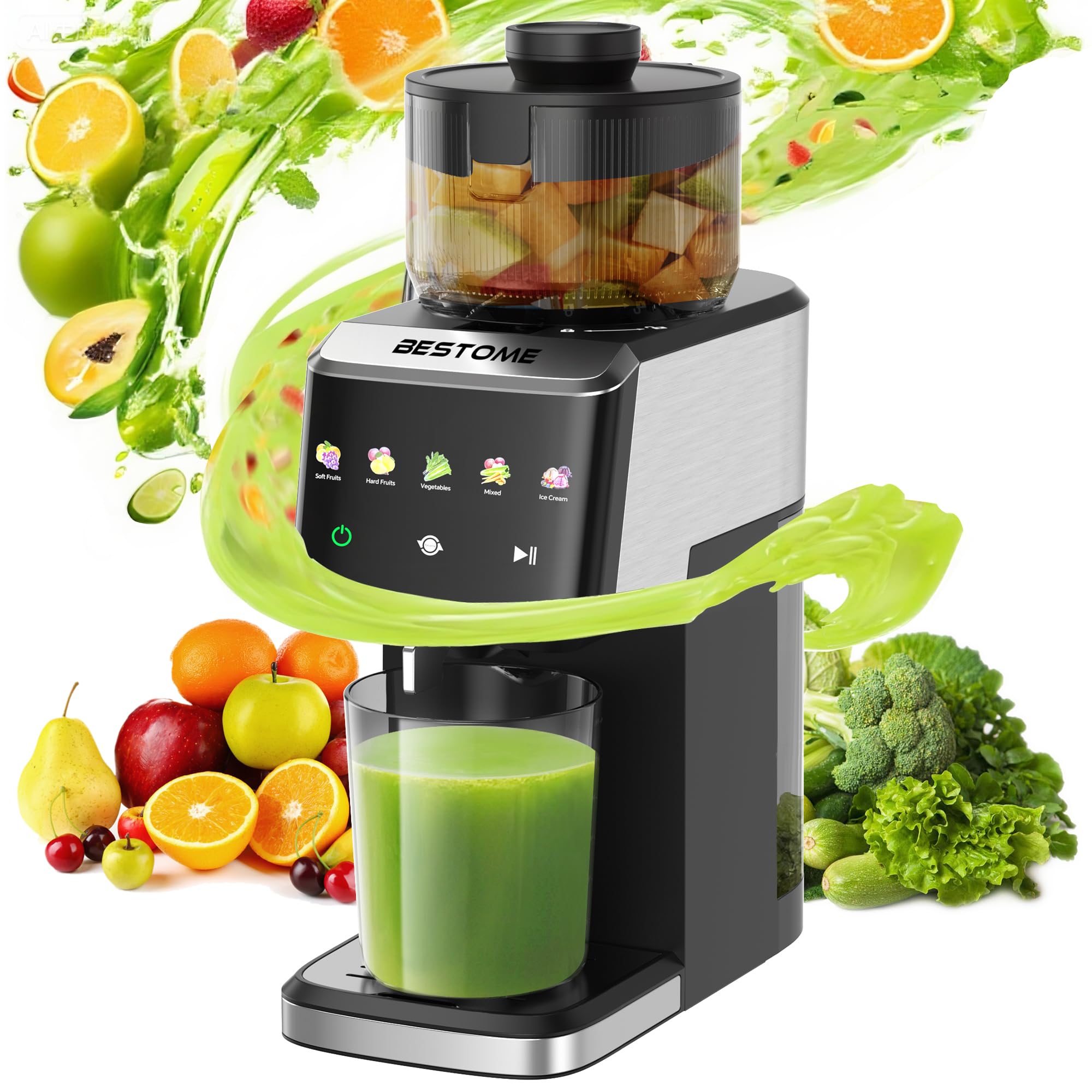Bestome cold press juicer with wide feed chute for whole-fruit juicing