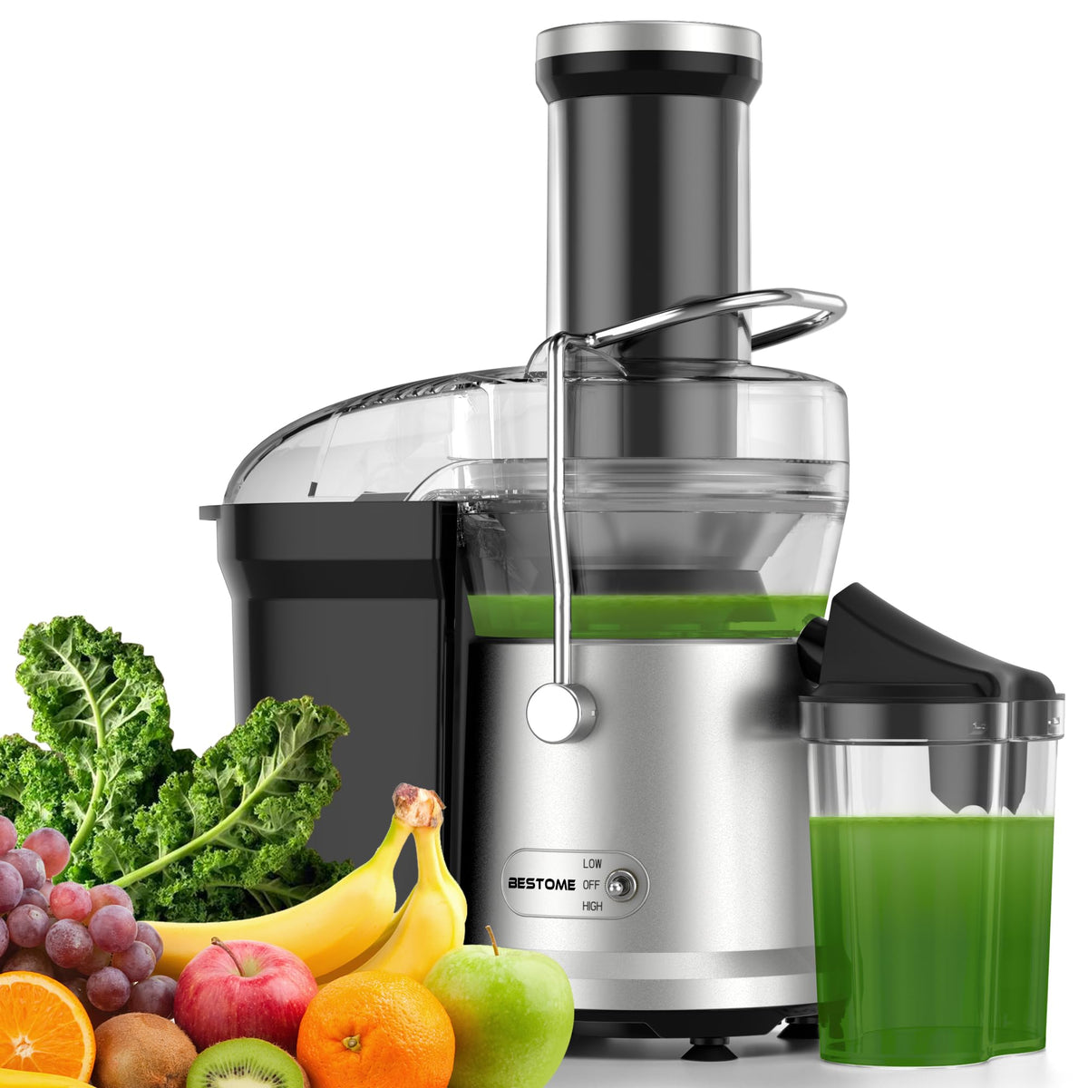 Bestome Juicer 1200W motor powers fast, fresh juice at home.