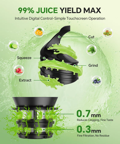 Bestome vertical juicer operates with a quiet, low-speed motor