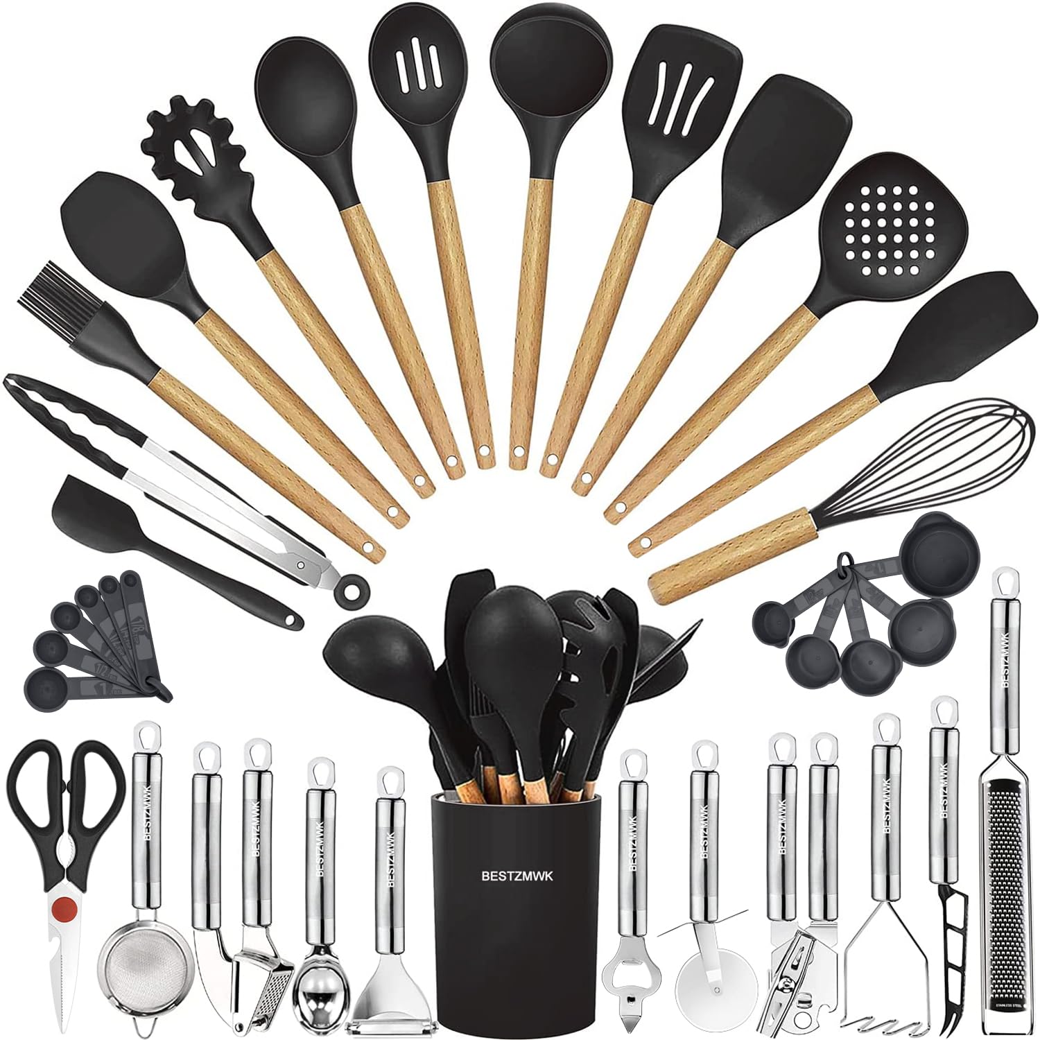 BESTZMWK cooking utensils collection in holder for an organized, efficient kitchen.