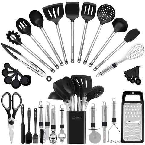 BestZMWK kitchen utensil set with silicone heads, scratch-free for nonstick cookware