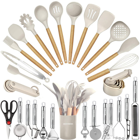BESTZMWK 35-piece set with wooden handles protecting nonstick pans