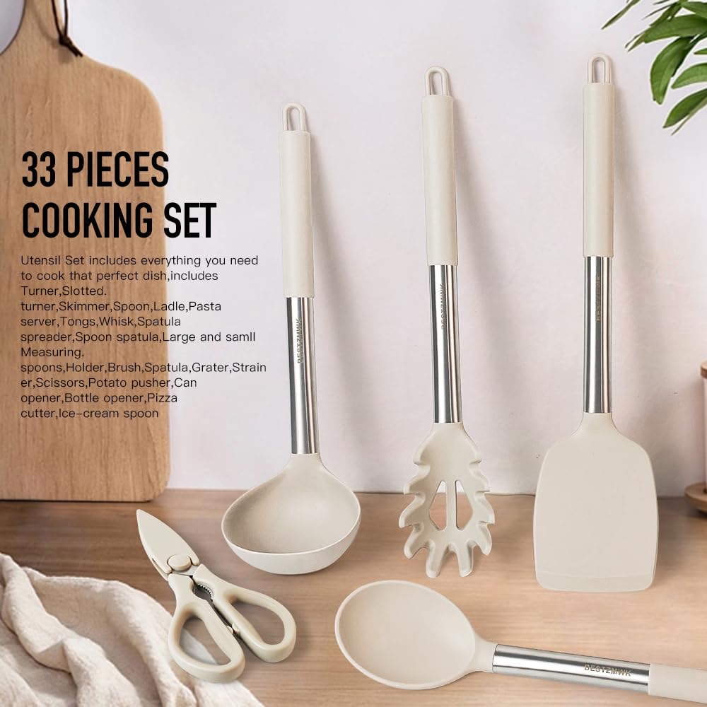 BESTZMWK utensils with non-stick-safe silicone heads protect pans from scratches.