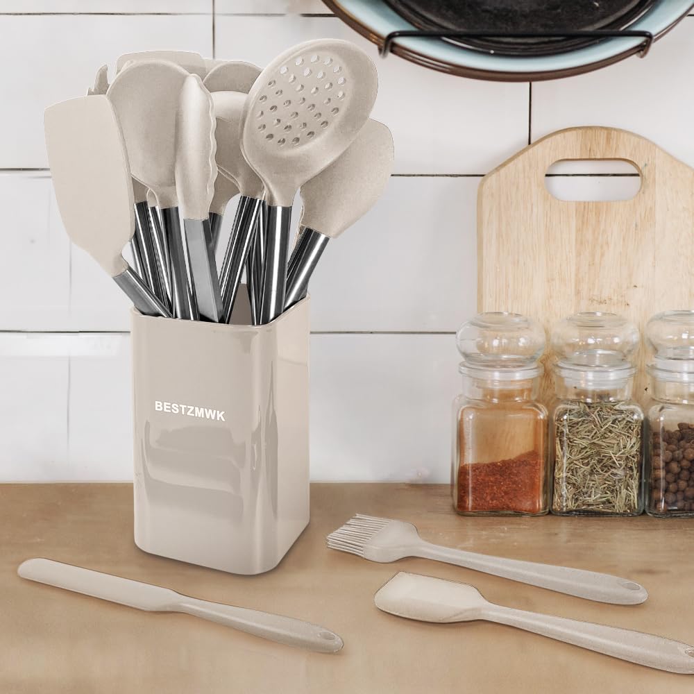 BestZMWK slotted spoon with stainless steel handle draining liquids.