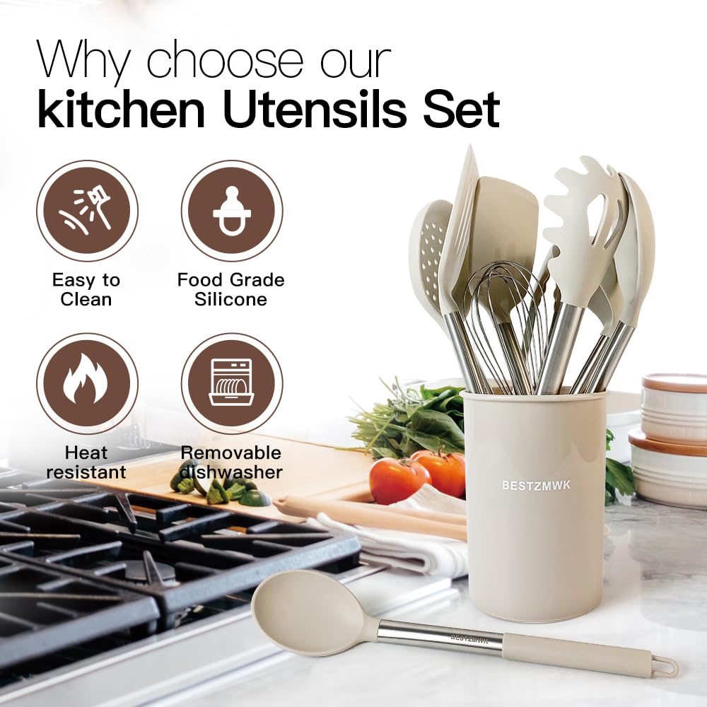 BESTZMWK utensils with stainless steel handles provide durable grip during high-heat cooking.
