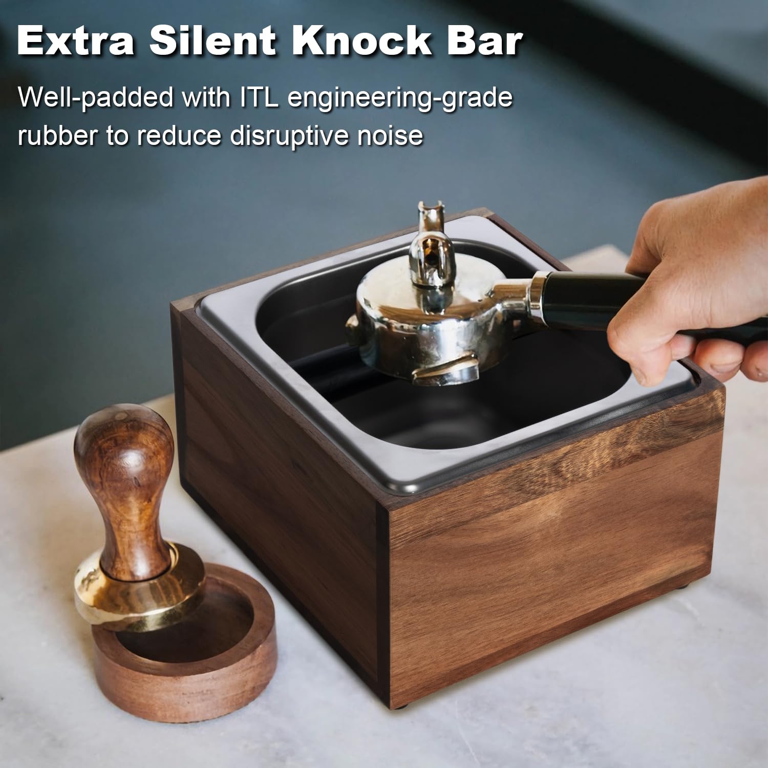 BESZONE Knock Box with acacia wood body and natural grain finish.