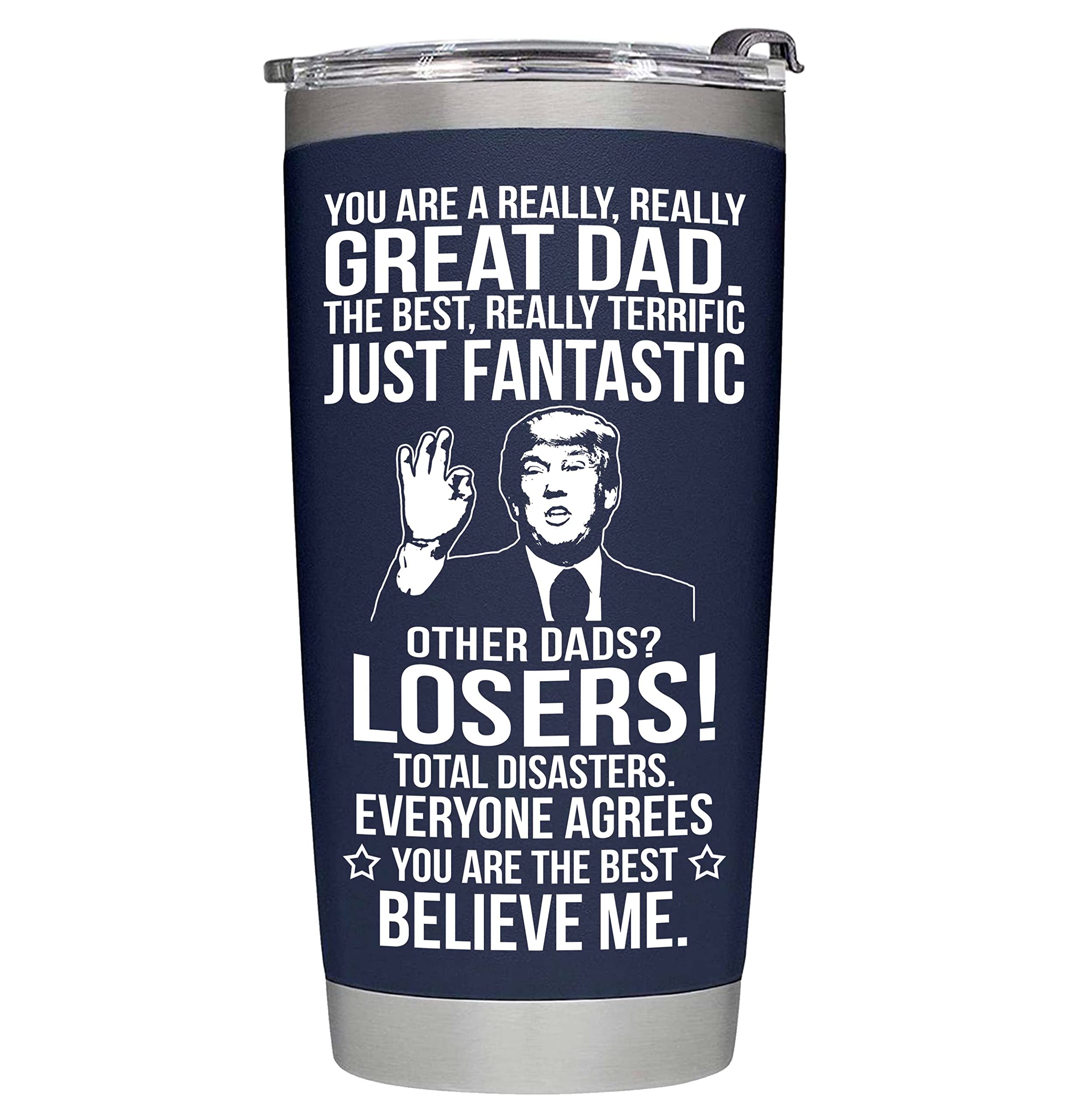 BETHEGIFT 20oz navy dad tumbler, front view, ideal Father's Day gift