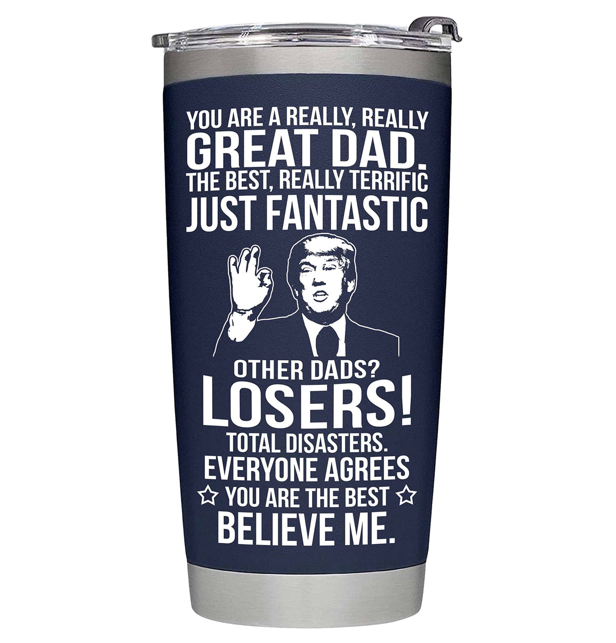 BETHEGIFT 20oz navy dad tumbler, front view, ideal Father's Day gift