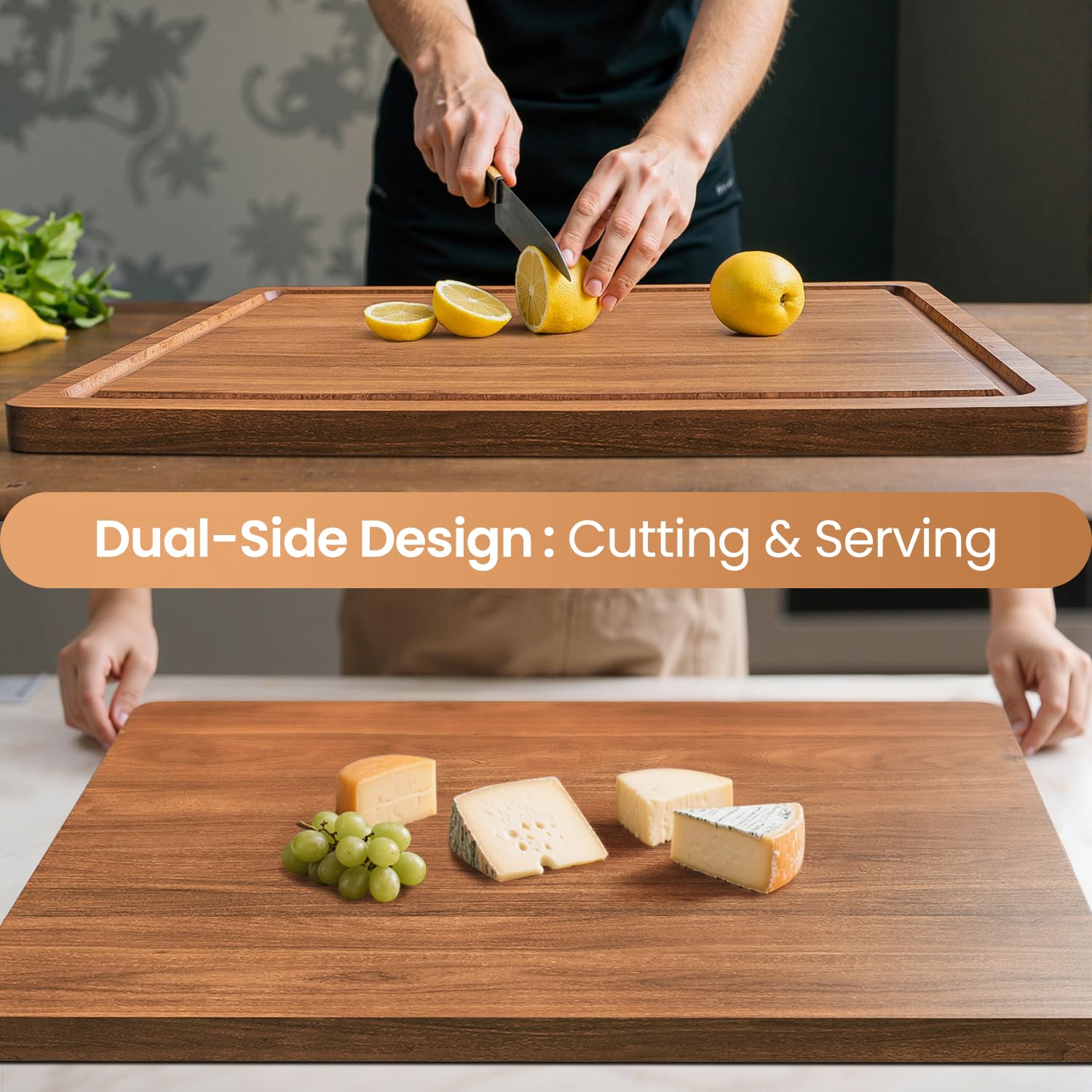 BETOLEAN acacia cutting board inner handles visible for extended cutting space