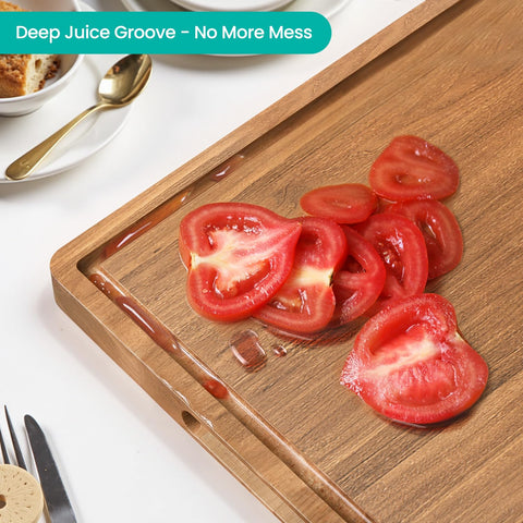BETOLEAN Acacia wood cutting board shows Edge-Grain Construction for durability.