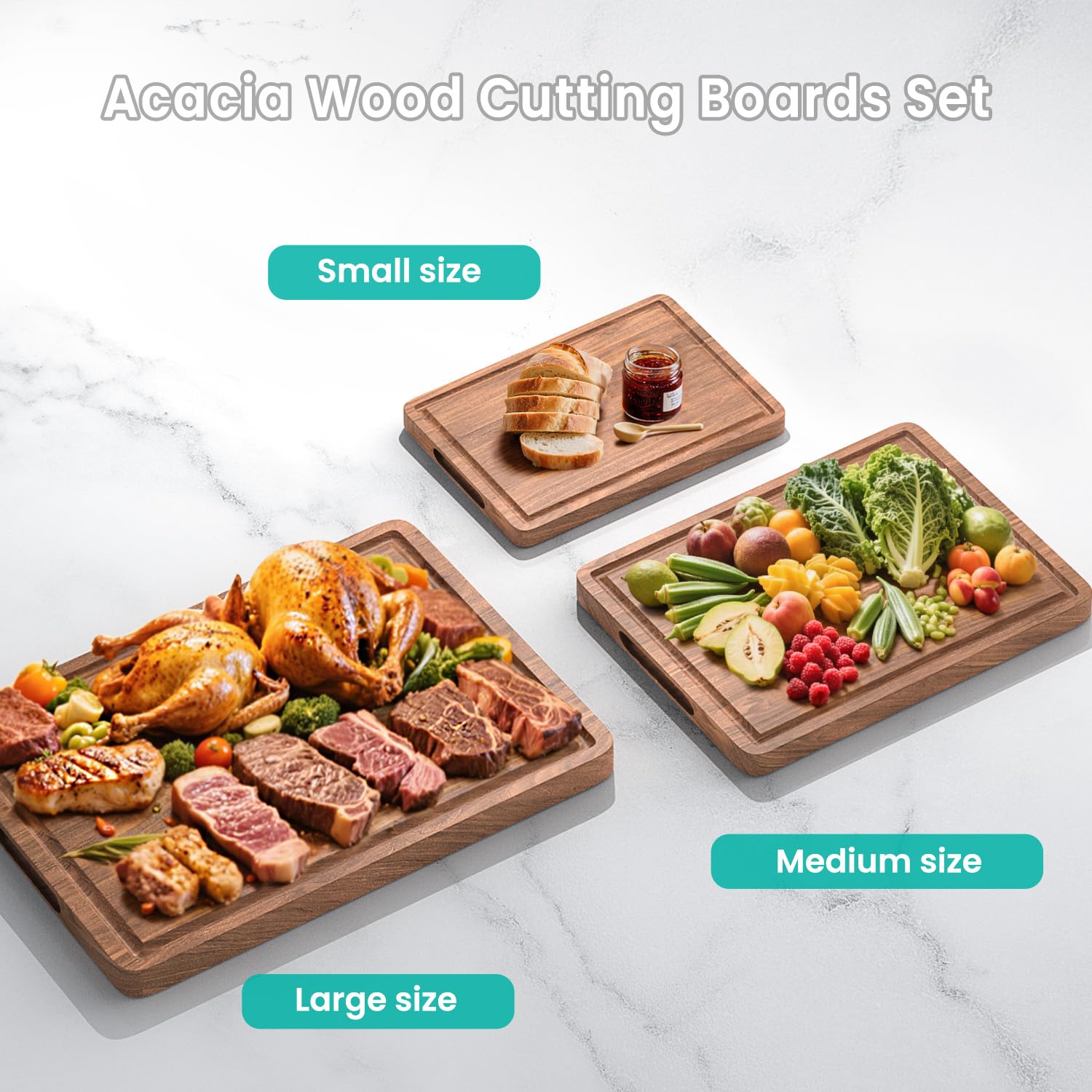 BETOLEAN Acacia wood cutting board with Juice Grooves catches liquids during prep.