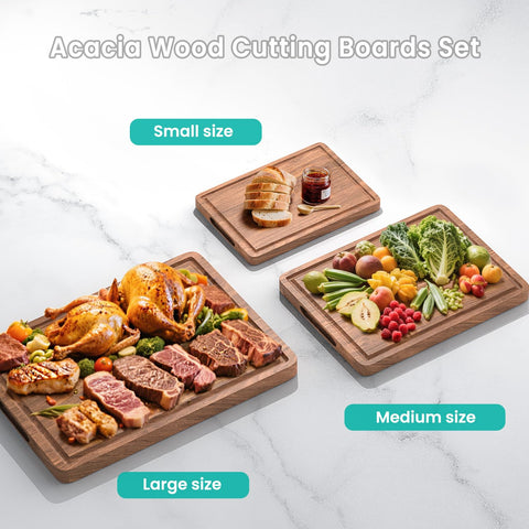 BETOLEAN Acacia wood cutting board with Juice Grooves catches liquids during prep.