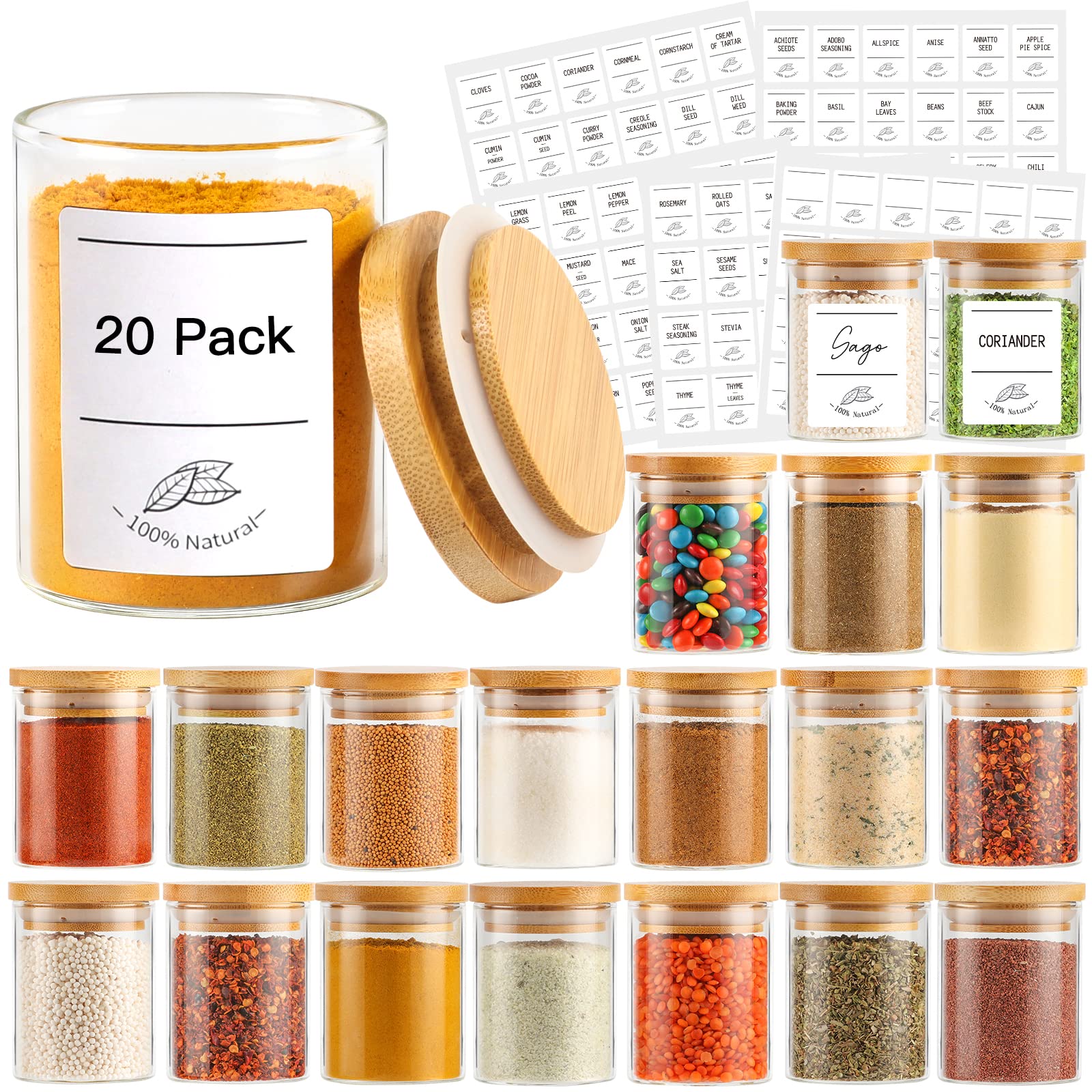 Betrome 4oz glass spice jar front view with bamboo lid for organized pantry storage