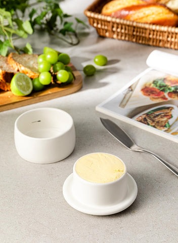 Close-up of durable, lead-free crock highlights elegant kitchenware by Better Butter.