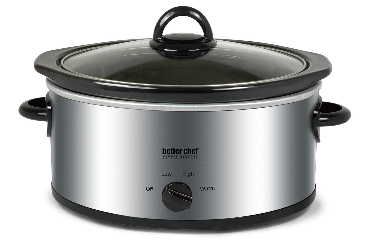 Better Chef oval slow cooker with glass lid highlighting 3-quart capacity for family meals.