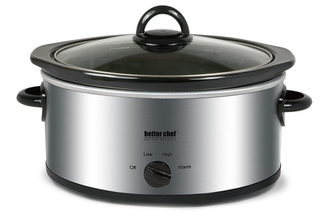 Better Chef oval slow cooker with glass lid highlighting 3-quart capacity for family meals.