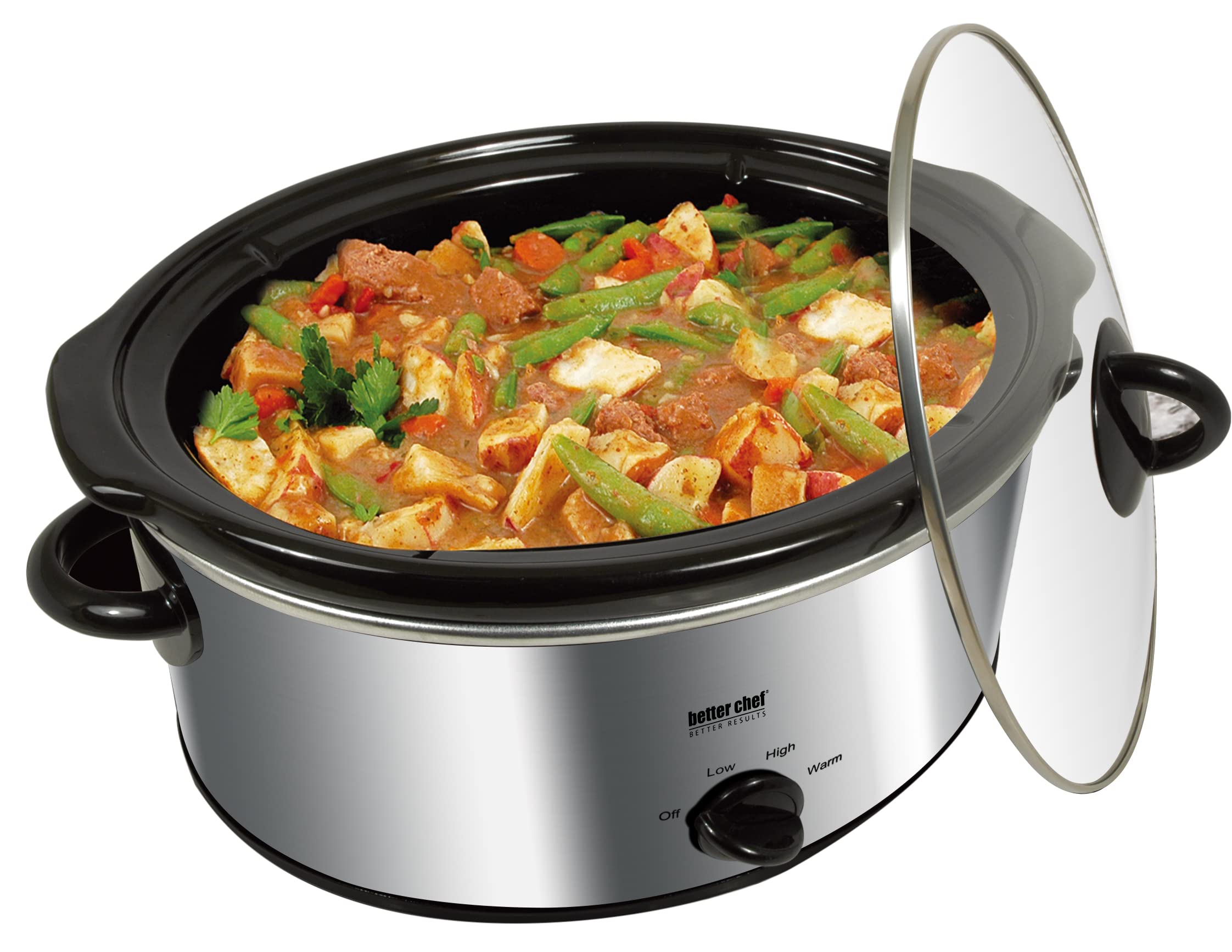 Better Chef enamel stoneware insert shown for even heating and easy cleanup.