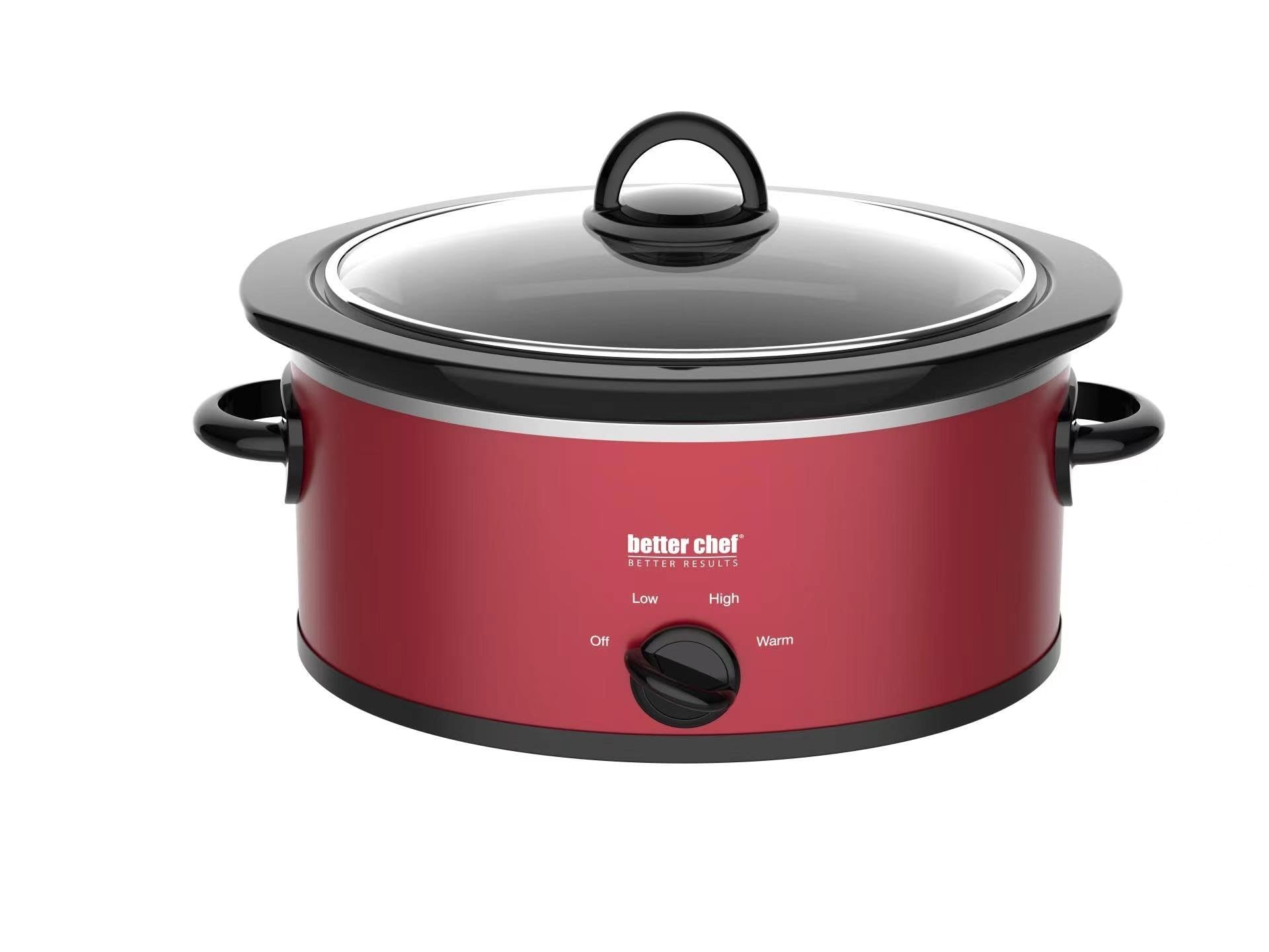 Better Chef oval slow cooker with red enamel insert and glass lid, ideal for simple weeknight meals