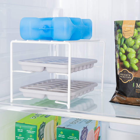 Better Houseware freezer rack stacks trays to prevent spills and save space.