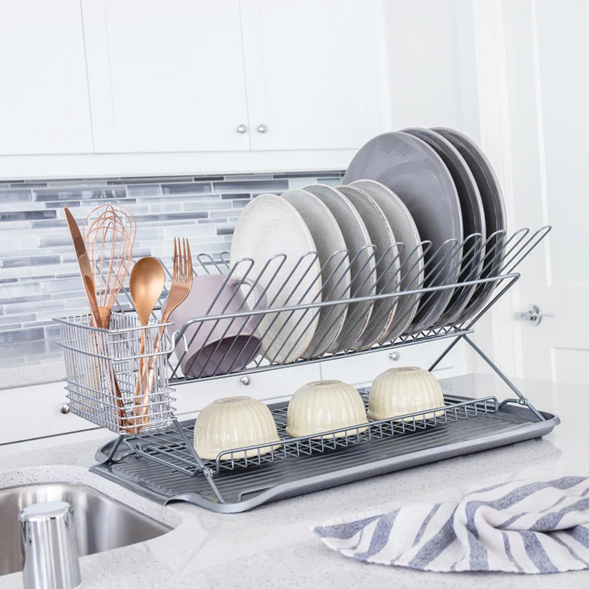 Better Houseware multifunction drying mat fits under a drainer for extra space.