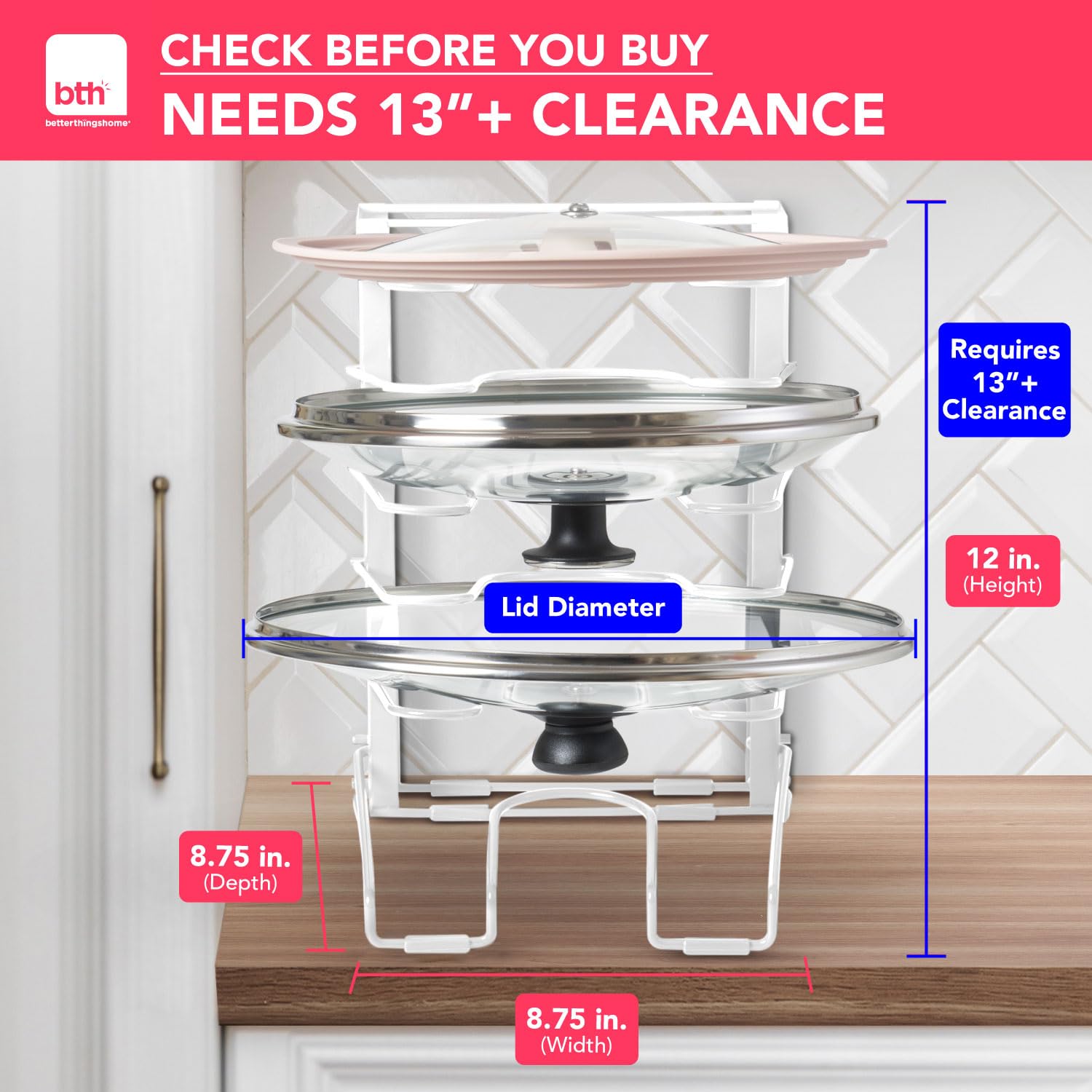 Better Things Home pot lid organizer adjustable dividers demonstrate flexible space for various lid sizes.