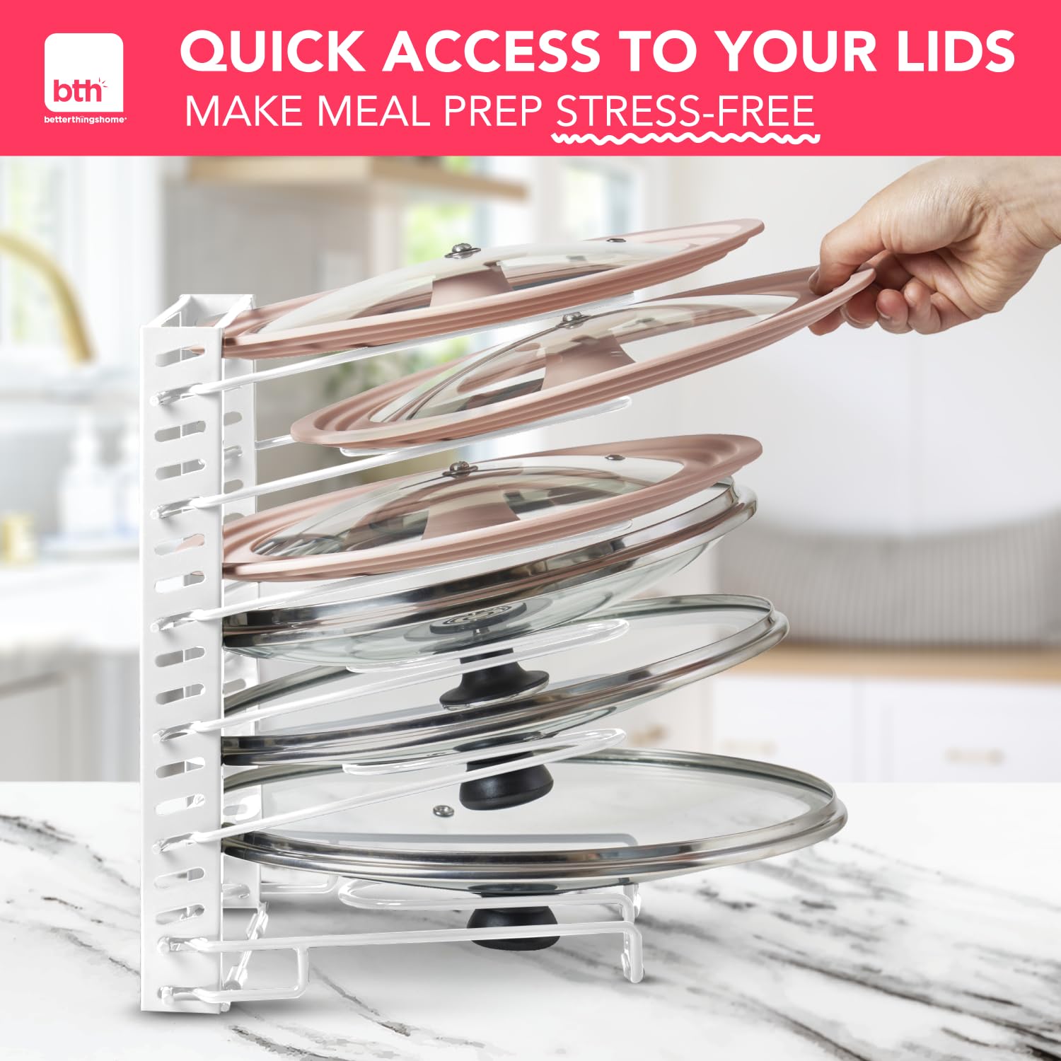 Better Things Home pot lid organizer compact footprint suits narrow spaces and tight corners.