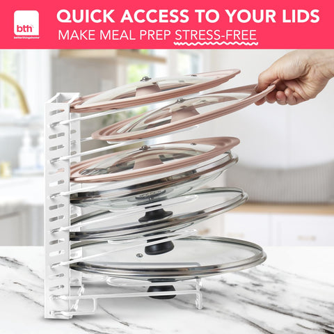 Better Things Home pot lid organizer compact footprint suits narrow spaces and tight corners.