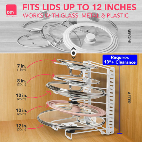 Better Things Home pot lid organizer free-standing assembly requires no tools for quick setup.