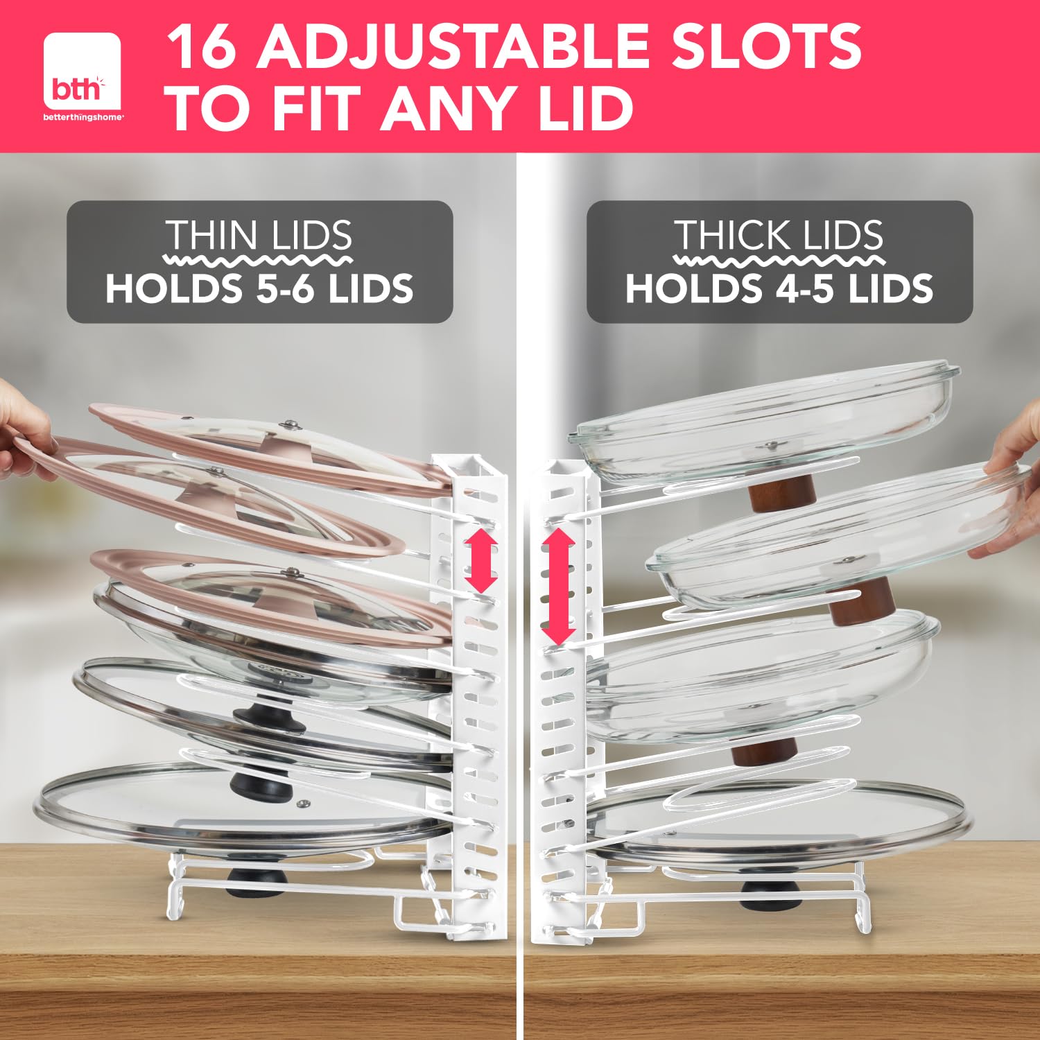 Better Things Home pot lid organizer inside cabinet usage fits into cabinets and pantries neatly.