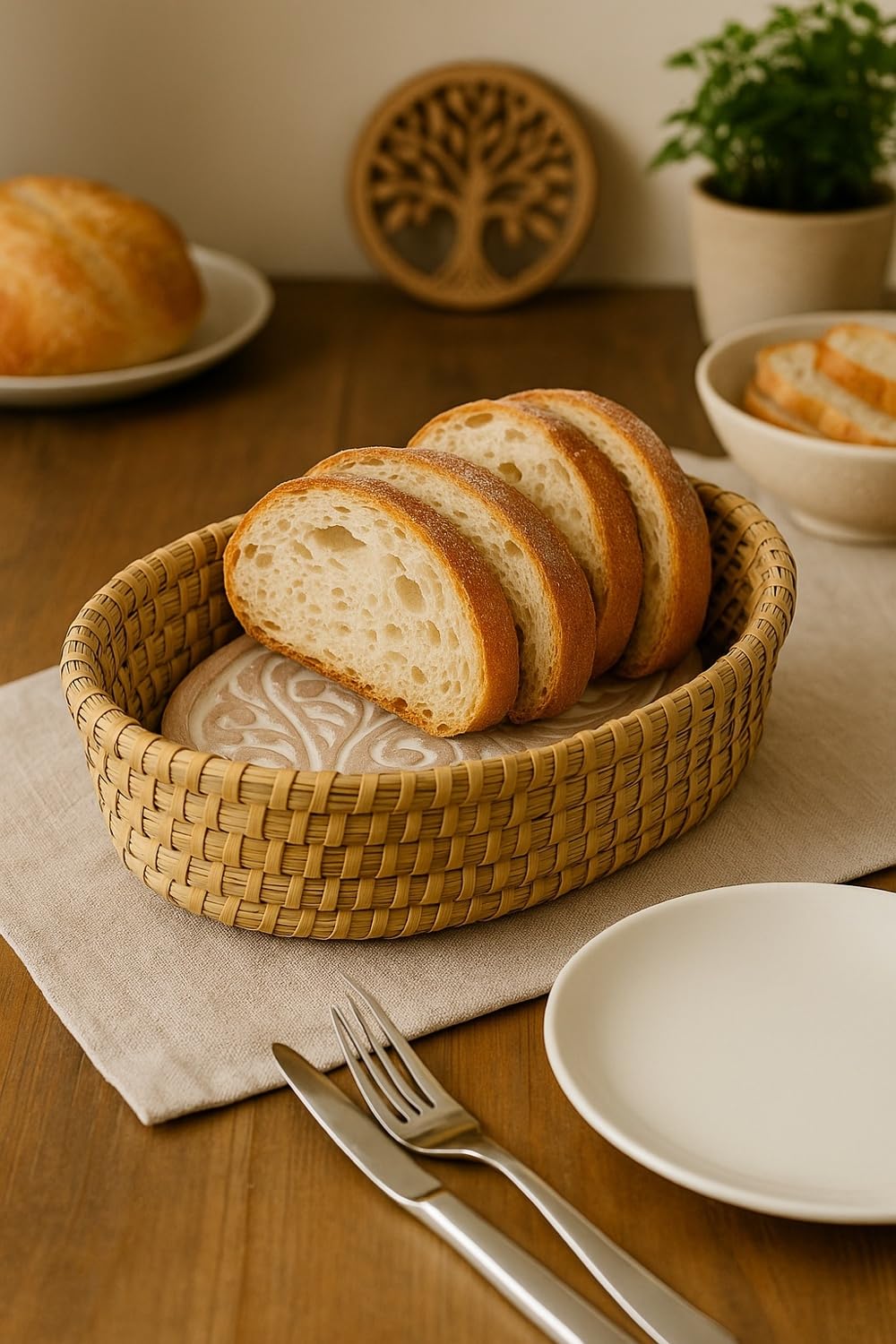Better World Bio oval bread basket shown with dimensions for table presentation