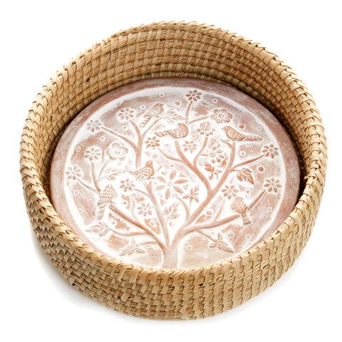 Better World Bio bread basket with terracotta warmer inside, ideal for warm, inviting bread service