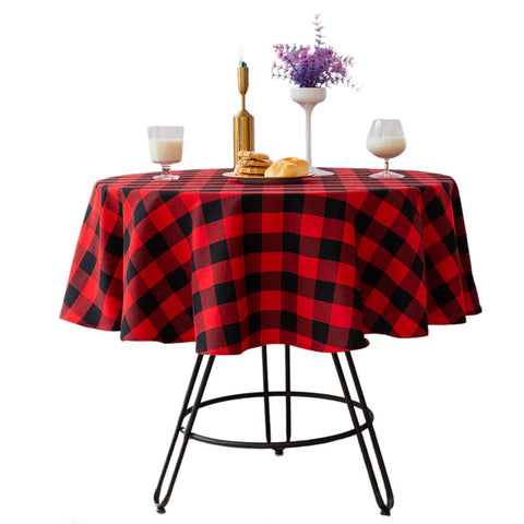 Bettery Home buffalo plaid round tablecloth close-up showing bold red and black pattern for festive tables.