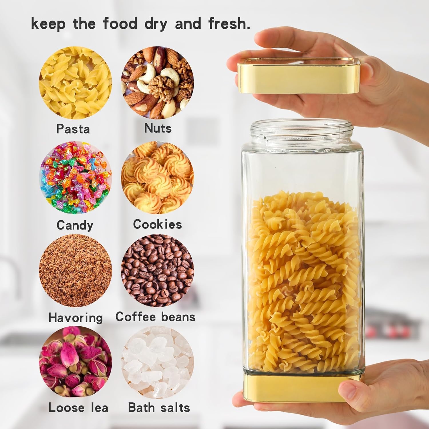 BETTWILL gold accent jars brighten kitchen cabinets with functional storage.